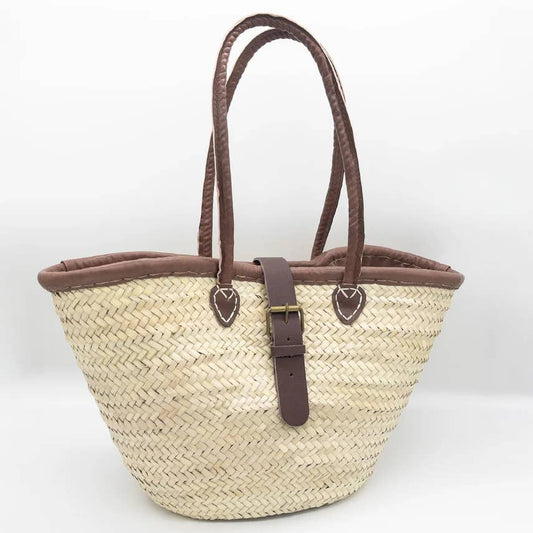 STRAW BUCKLE BAG WITH LEATHER TRIM