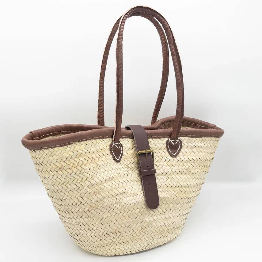 STRAW BUCKLE BAG WITH LEATHER TRIM