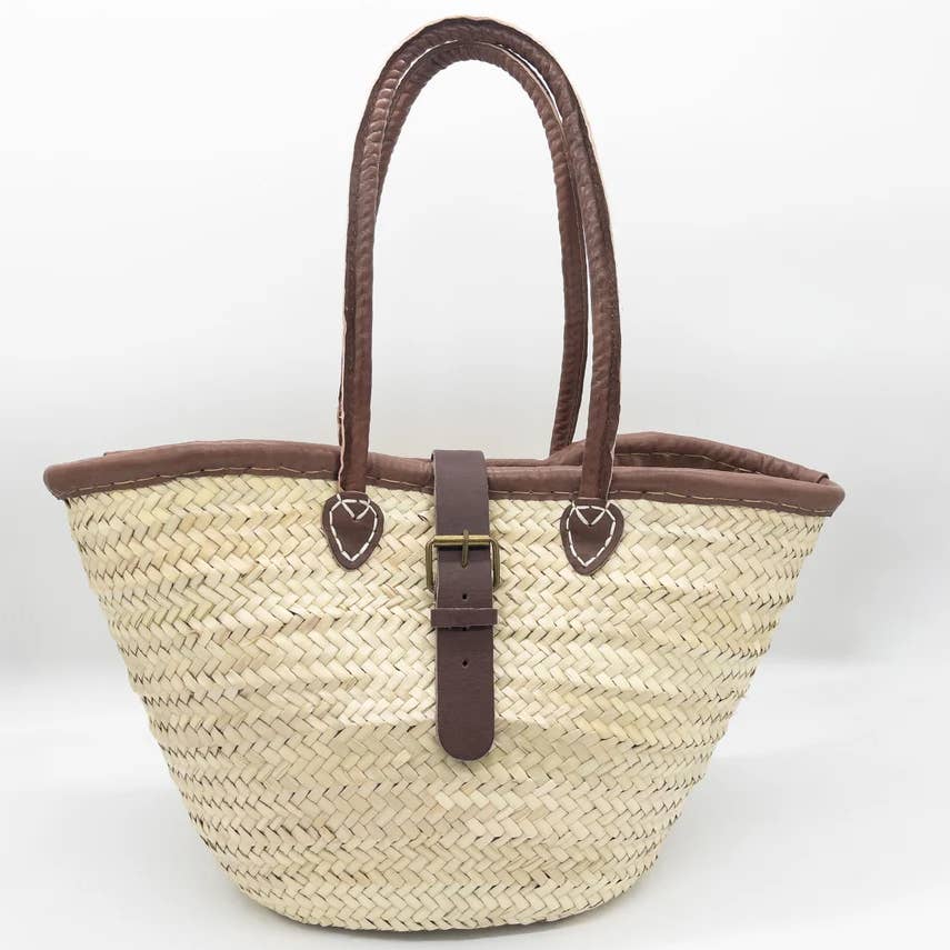 STRAW BUCKLE BAG WITH LEATHER TRIM